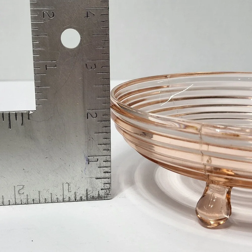 Vintage Pink Depression Glass Ribbed Footed Bowl Art Deco Candy Dish 6.25in